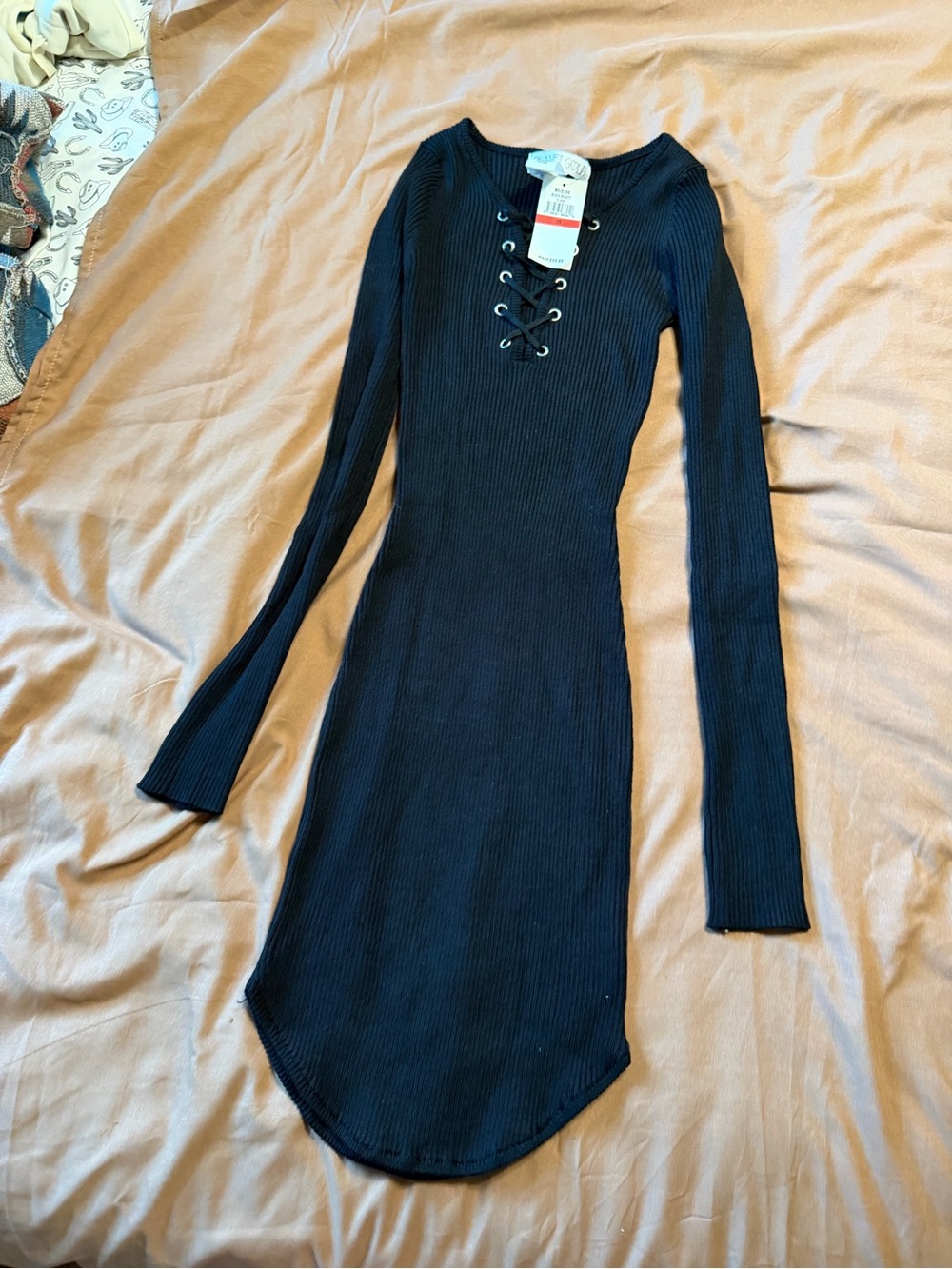 Planet Gold Black Ribbed Lace-Up Long Sleeve Bodycon Dress